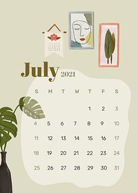 Calendar 2021 July printable agenda hand drawn lifestyle