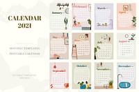 2021 calendar printable template psd monthly set hand drawn lifestyle
