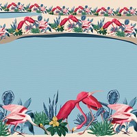 Tropical flamingo border frame on blue background with design space