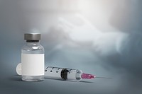 Vaccine vial mockup psd with a needle syringe