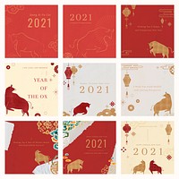 Chinese greeting editable post vector for the year of the ox set