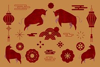 Chinese New Year psd Ox red illustration set