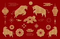 Chinese Ox Year golden vector design elements set