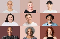 Diverse people mockup psd closeup portrait on brown background collection