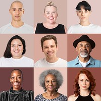 Diverse people mockup psd closeup portrait on brown background collection