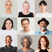 Smiley people mockup psd closeup portrait on gray background collection