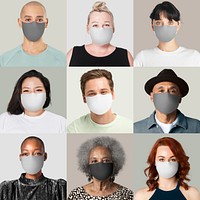 Covid-19 face mask mockup psd diverse people face closeup collection