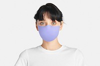 Woman wearing mask psd mockup face closeup Covid-19 photoshoot on white background