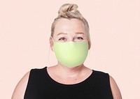 Mature woman wearing mask psd mockup for Covid-19 prevention campaign