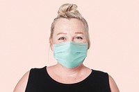 Mature woman wearing mask psd mockup for Covid-19 prevention campaign