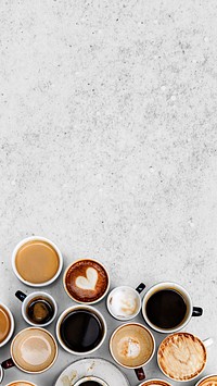 Varied coffee mugs on a light gray marble textured background