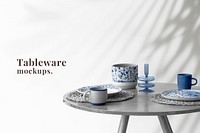 Editable porcelain tableware mockup psd with blue floral pattern