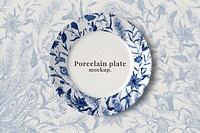 Editable porcelain plate mockup psd featuring blue flower pattern