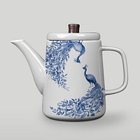Editable ceramic kettle mockup psd with blue peacock pattern