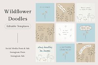 Motivational quote editable template vector with wildflower doodles set