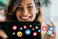 Social media influencer smiling psd receiving likes and positive reactions