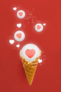 Cute love red background psd social media reaction in ice-cream cone