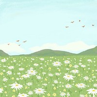 Blooming daisy field psd background with mountain social media post