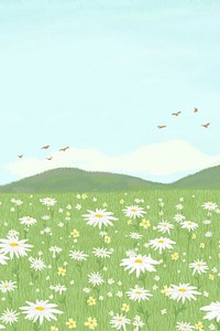Blooming daisy field psd background with mountain social media banner