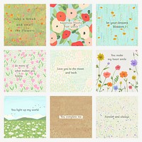 Motivational quote template vector on floral background for social media post set