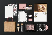 Corporate identity materials flat lay in vintage floral theme for organic cosmetic brands  set