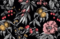Elegant rose floral pattern pink fruits vintage illustration