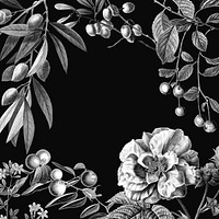 Rose frame psd vintage botanical illustration and fruits on black background