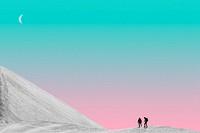 Creative background psd of mountain with pastel sky and people hiking