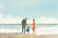 Family at beach background psd color pencil illustration