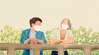 Couple with mask wallpaper psd in the new normal color pencil illustration