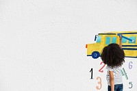 Education background psd with student drawing a school bus