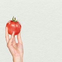 Healthy diet gray background psd with hand holding tomato illustration remixed media