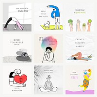 Health and wellness templates vector colorful and cute illustrations set