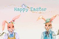 Happy Easter bunny cute pastel watercolor greeting on pink background