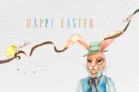 Happy Easter bunny vintage pastel watercolor greeting on gray background