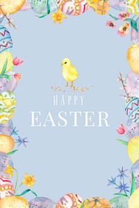 Happy Easter cute watercolor colorful eggs and birds blue greeting banner