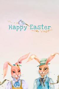 Happy Easter celebration pink watercolor greeting with bunny vintage illustration