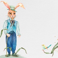 Easter bunny background with little bird watercolor illustration