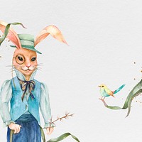 Easter bunny background with little bird in watercolor