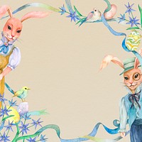 Beige Easter Festival frame psd with rabbit couple in the garden 