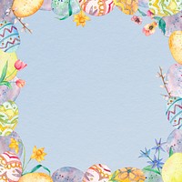 Colorful Easter eggs frame psd on blue background cute watercolor illustration
