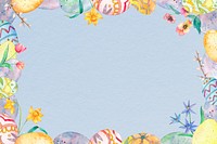 Colorful Easter eggs frame psd on blue background cute watercolor illustration