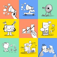 Online business strategy vector doodle colorful illustrations for marketing collection