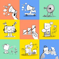 Online business strategy psd doodle colorful illustrations for marketing collection