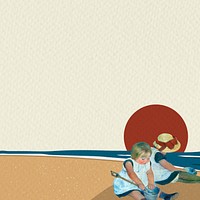 Beach background psd with children playing together, remixed from artworks by Mary Cassatt