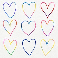 Colorful cute heart psd in doodle style set