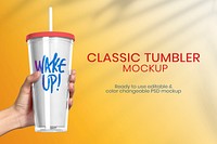 Plastic tumbler product mockup psd with WAKE UP quote