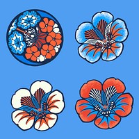 Batik flower vector illustration in blue tone set