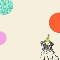 Cute birthday beige background vector with vintage pug dog in party cone hat