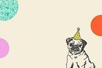 Cute birthday beige background psd with vintage pug dog in party cone hat